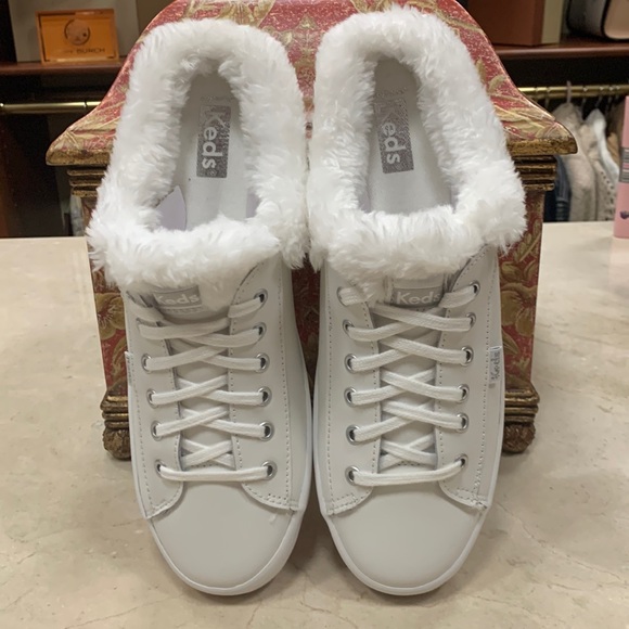 Keds Shoes - KEDS KICKSTART WHITE LEATHER MULE FULLY LINED FAUX FUR SIZE US 8